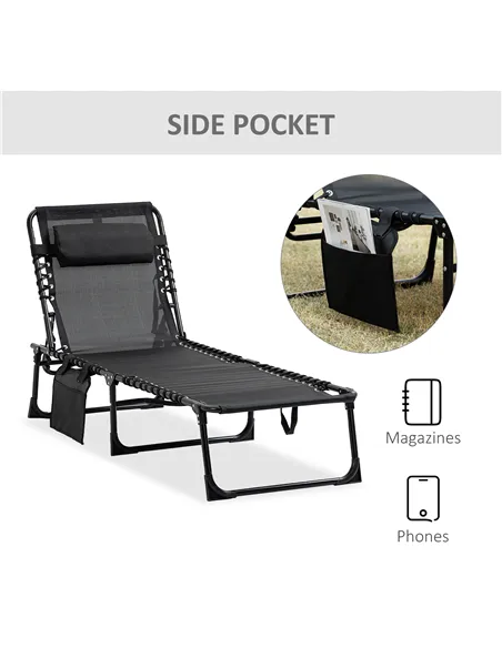 Outsunny Portable Sun Lounger, Folding Camping Bed Cot, Reclining Lounge Chair 5-position Adjustable Backrest with Side Pocket, 