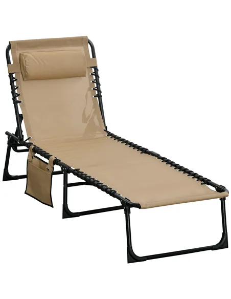 Outsunny Portable Sun Lounger, Folding Camping Bed Cot, Reclining Lounge Chair 5-position Adjustable Backrest with Side Pocket, 