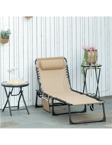 Outsunny Portable Sun Lounger, Folding Camping Bed Cot, Reclining Lounge Chair 5-position Adjustable Backrest with Side Pocket, 