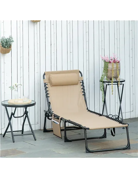 Outsunny Portable Sun Lounger, Folding Camping Bed Cot, Reclining Lounge Chair 5-position Adjustable Backrest with Side Pocket, 