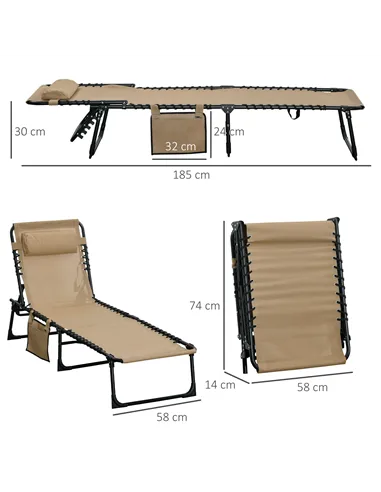 Outsunny Portable Sun Lounger, Folding Camping Bed Cot, Reclining Lounge Chair 5-position Adjustable Backrest with Side Pocket, 