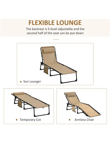 Outsunny Portable Sun Lounger, Folding Camping Bed Cot, Reclining Lounge Chair 5-position Adjustable Backrest with Side Pocket, 