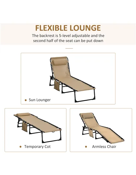 Outsunny Portable Sun Lounger, Folding Camping Bed Cot, Reclining Lounge Chair 5-position Adjustable Backrest with Side Pocket, 
