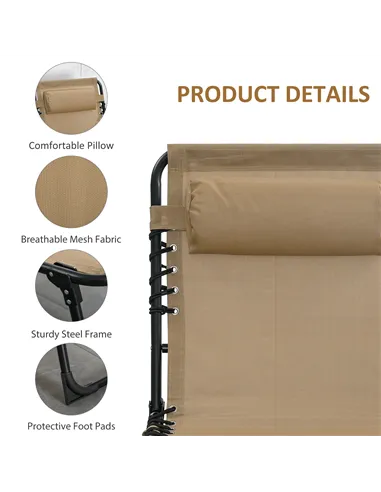 Outsunny Portable Sun Lounger, Folding Camping Bed Cot, Reclining Lounge Chair 5-position Adjustable Backrest with Side Pocket, 