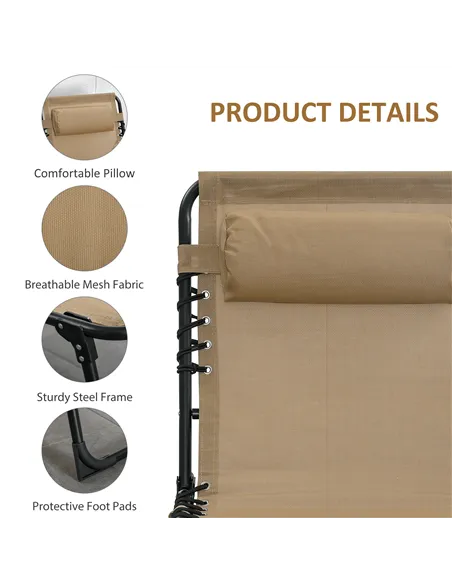 Outsunny Portable Sun Lounger, Folding Camping Bed Cot, Reclining Lounge Chair 5-position Adjustable Backrest with Side Pocket, 