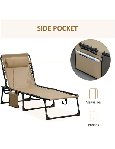 Outsunny Portable Sun Lounger, Folding Camping Bed Cot, Reclining Lounge Chair 5-position Adjustable Backrest with Side Pocket, 