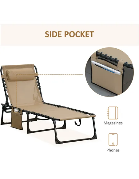 Outsunny Portable Sun Lounger, Folding Camping Bed Cot, Reclining Lounge Chair 5-position Adjustable Backrest with Side Pocket, 