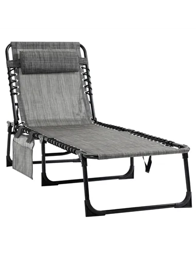 Outsunny Portable Sun Lounger, Folding Camping Bed Cot, Reclining Lounge Chair 5-position Adjustable Backrest with Side Pocket, 