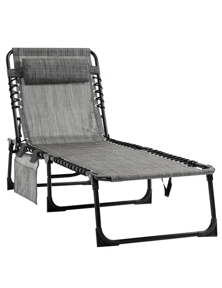 Outsunny Portable Sun Lounger, Folding Camping Bed Cot, Reclining Lounge Chair 5-position Adjustable Backrest with Side Pocket, 