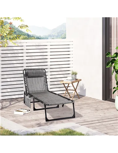 Outsunny Portable Sun Lounger, Folding Camping Bed Cot, Reclining Lounge Chair 5-position Adjustable Backrest with Side Pocket, 