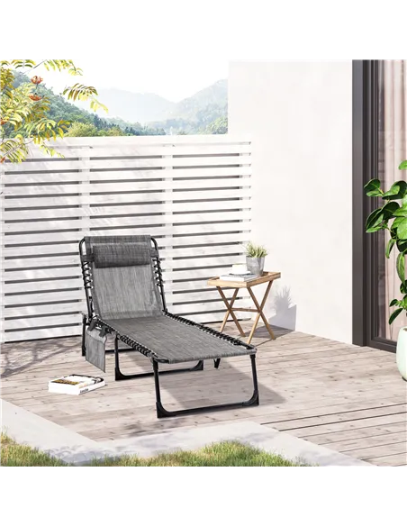 Outsunny Portable Sun Lounger, Folding Camping Bed Cot, Reclining Lounge Chair 5-position Adjustable Backrest with Side Pocket, 