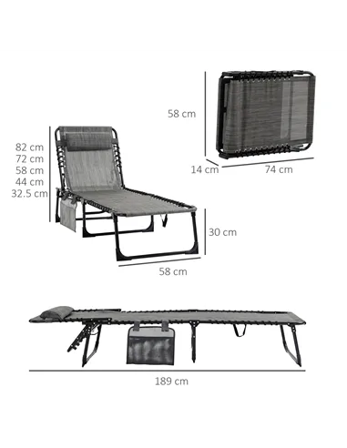Outsunny Portable Sun Lounger, Folding Camping Bed Cot, Reclining Lounge Chair 5-position Adjustable Backrest with Side Pocket, 