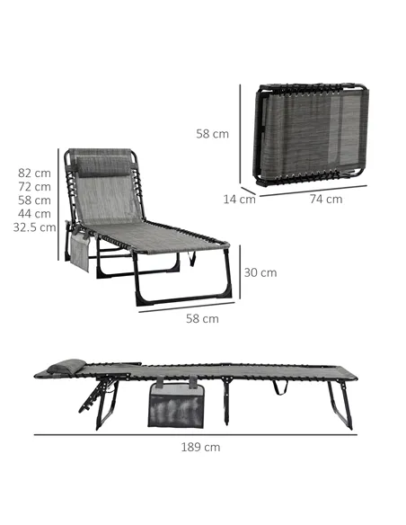 Outsunny Portable Sun Lounger, Folding Camping Bed Cot, Reclining Lounge Chair 5-position Adjustable Backrest with Side Pocket, 