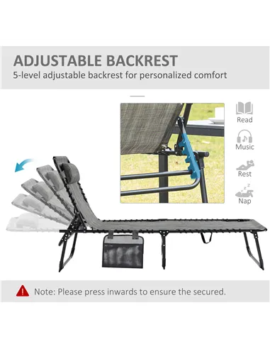 Outsunny Portable Sun Lounger, Folding Camping Bed Cot, Reclining Lounge Chair 5-position Adjustable Backrest with Side Pocket, 