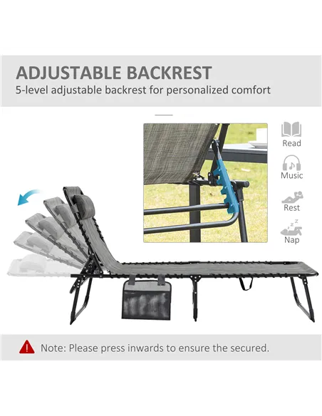 Outsunny Portable Sun Lounger, Folding Camping Bed Cot, Reclining Lounge Chair 5-position Adjustable Backrest with Side Pocket, 