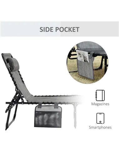 Outsunny Portable Sun Lounger, Folding Camping Bed Cot, Reclining Lounge Chair 5-position Adjustable Backrest with Side Pocket, 