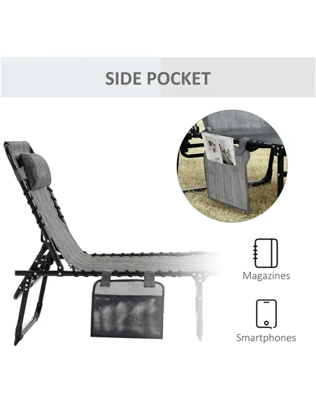 Outsunny Portable Sun Lounger, Folding Camping Bed Cot, Reclining Lounge Chair 5-position Adjustable Backrest with Side Pocket, 