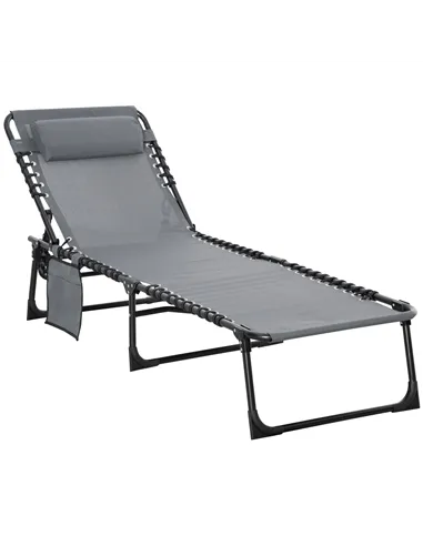 Outsunny Portable Sun Lounger, Folding Camping Bed Cot, Reclining Lounge Chair 5-position Adjustable Backrest with Side Pocket, 