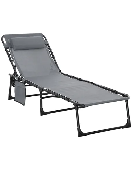 Outsunny Portable Sun Lounger, Folding Camping Bed Cot, Reclining Lounge Chair 5-position Adjustable Backrest with Side Pocket, 