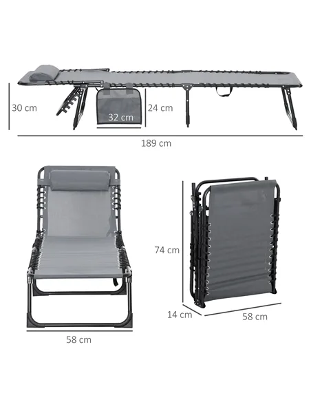 Outsunny Portable Sun Lounger, Folding Camping Bed Cot, Reclining Lounge Chair 5-position Adjustable Backrest with Side Pocket, 