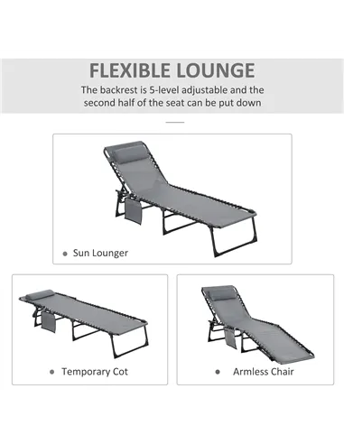 Outsunny Portable Sun Lounger, Folding Camping Bed Cot, Reclining Lounge Chair 5-position Adjustable Backrest with Side Pocket, 