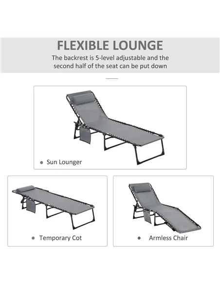 Outsunny Portable Sun Lounger, Folding Camping Bed Cot, Reclining Lounge Chair 5-position Adjustable Backrest with Side Pocket, 