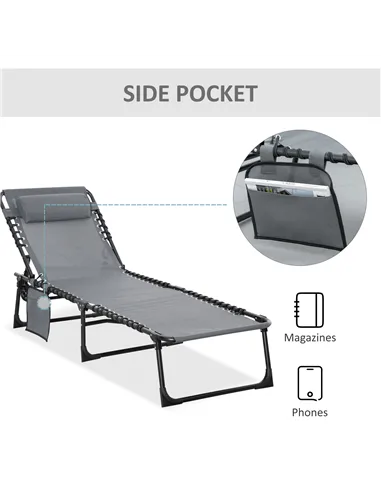 Outsunny Portable Sun Lounger, Folding Camping Bed Cot, Reclining Lounge Chair 5-position Adjustable Backrest with Side Pocket, 