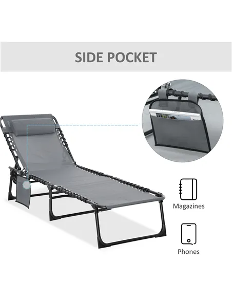Outsunny Portable Sun Lounger, Folding Camping Bed Cot, Reclining Lounge Chair 5-position Adjustable Backrest with Side Pocket, 