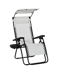Outsunny Zero Gravity Garden Folding Patio Sun Lounger w/Cup Holder & Canopy Shade White
