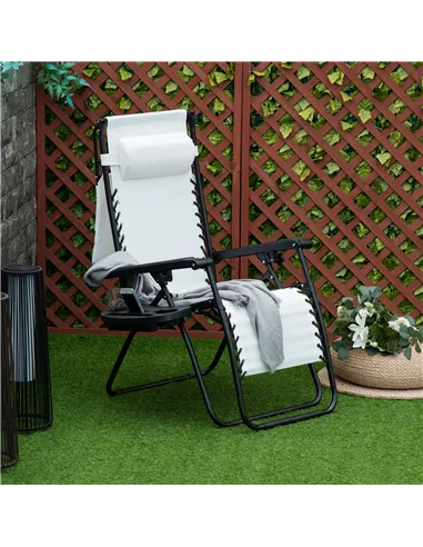 Outsunny Zero Gravity Garden Folding Patio Sun Lounger w/Cup Holder & Canopy Shade White