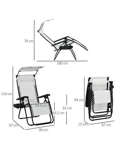 Outsunny Zero Gravity Garden Folding Patio Sun Lounger w/Cup Holder & Canopy Shade White