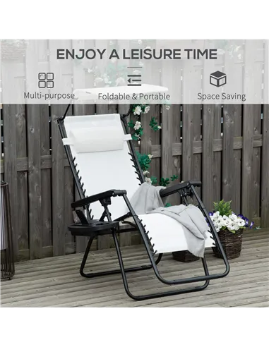 Outsunny Zero Gravity Garden Folding Patio Sun Lounger w/Cup Holder & Canopy Shade White