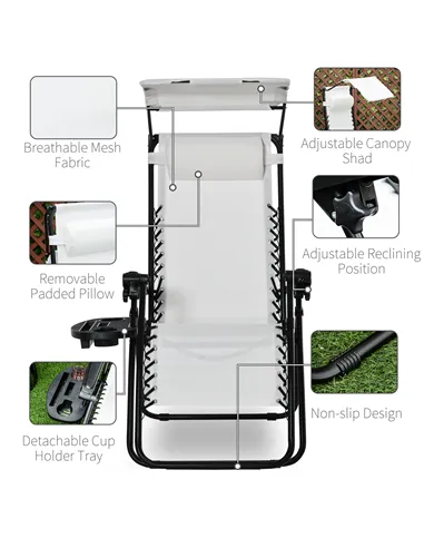 Outsunny Zero Gravity Garden Folding Patio Sun Lounger w/Cup Holder & Canopy Shade White