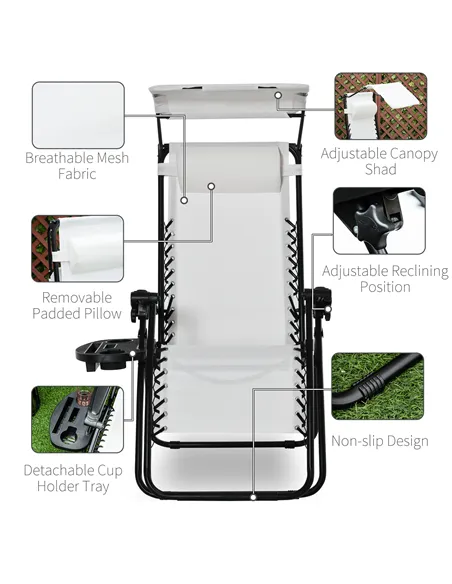 Outsunny Zero Gravity Garden Folding Patio Sun Lounger w/Cup Holder & Canopy Shade White