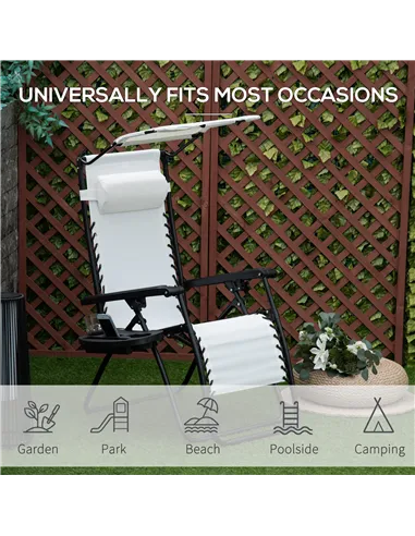 Outsunny Zero Gravity Garden Folding Patio Sun Lounger w/Cup Holder & Canopy Shade White