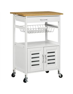 HOMCOM Rolling Kitchen Island Trolley Utility Cart on Wheels with Bamboo Table Top, Storage Cabinet, Drawer and Wire Basket