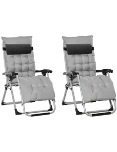 Outsunny 2pc Reclining Zero Gravity Sun Loungers ,Folding Chaise Lounge Chair with Cushions, Light Grey