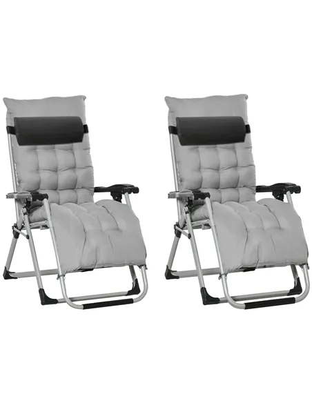 Outsunny 2pc Reclining Zero Gravity Sun Loungers ,Folding Chaise Lounge Chair with Cushions, Light Grey