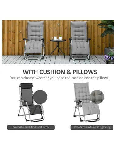 Outsunny 2pc Reclining Zero Gravity Sun Loungers ,Folding Chaise Lounge Chair with Cushions, Light Grey