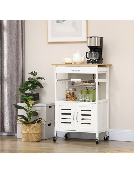 HOMCOM Rolling Kitchen Island Trolley Utility Cart on Wheels with Bamboo Table Top, Storage Cabinet, Drawer and Wire Basket