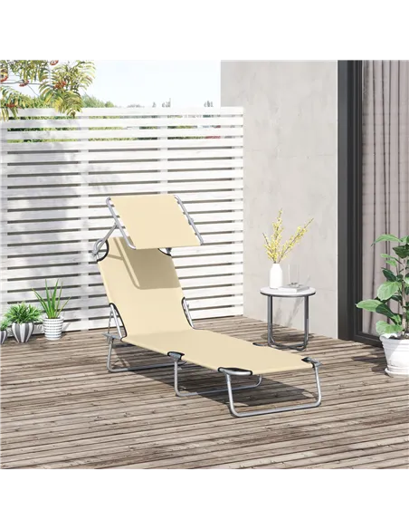 Outsunny Outdoor Foldable Sun Lounger, 4 Level Adjustable Backrest Reclining Sun Lounger Chair with Angle Adjust Sun Shade Awnin