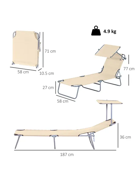 Outsunny Outdoor Foldable Sun Lounger, 4 Level Adjustable Backrest Reclining Sun Lounger Chair with Angle Adjust Sun Shade Awnin