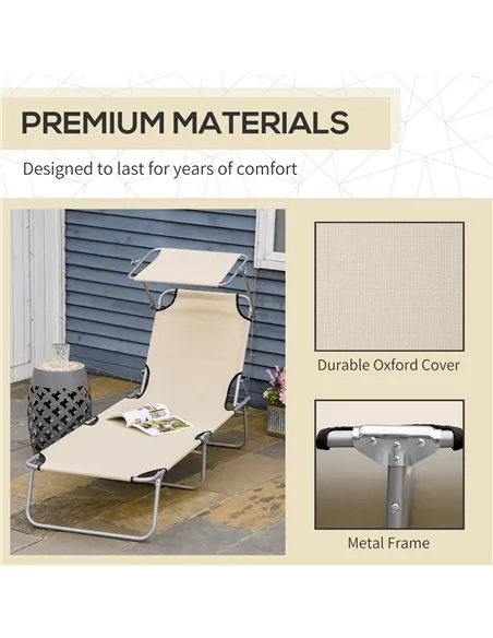 Outsunny Outdoor Foldable Sun Lounger, 4 Level Adjustable Backrest Reclining Sun Lounger Chair with Angle Adjust Sun Shade Awnin