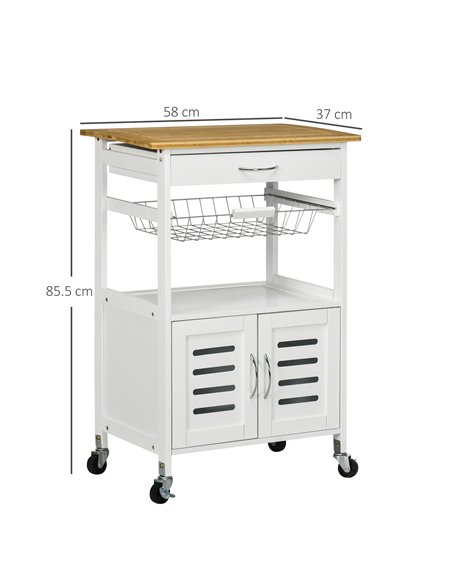 HOMCOM Rolling Kitchen Island Trolley Utility Cart on Wheels with Bamboo Table Top, Storage Cabinet, Drawer and Wire Basket