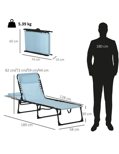 Outsunny Folding Sun Lounger Beach Chaise Chair Garden Cot Camping Recliner with 4 Position Adjustable, Baby Blue