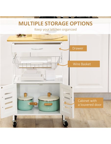 HOMCOM Rolling Kitchen Island Trolley Utility Cart on Wheels with Bamboo Table Top, Storage Cabinet, Drawer and Wire Basket