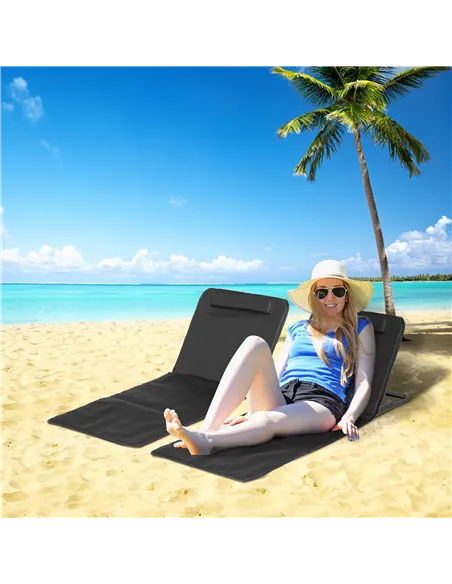 Outsunny Set of 2 Foldable Garden Beach Chair Mat Lightweight Outdoor Sun Lounger Seats Adjustable Back Metal Frame PE Fabric He