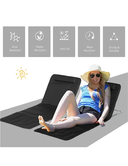 Outsunny Set of 2 Foldable Garden Beach Chair Mat Lightweight Outdoor Sun Lounger Seats Adjustable Back Metal Frame PE Fabric He