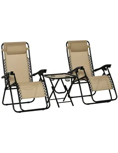 Outsunny Folding Zero Gravity Chairs, 3 Pieces Adjustable Sun Lounger and Table Set with Cup Holder and Headrest, Patio Bistro S