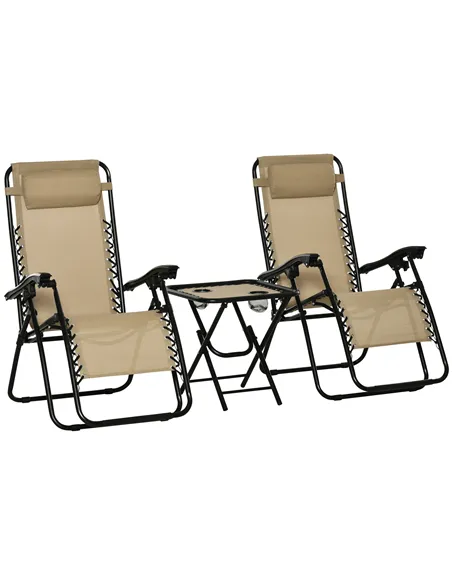 Outsunny Folding Zero Gravity Chairs, 3 Pieces Adjustable Sun Lounger and Table Set with Cup Holder and Headrest, Patio Bistro S